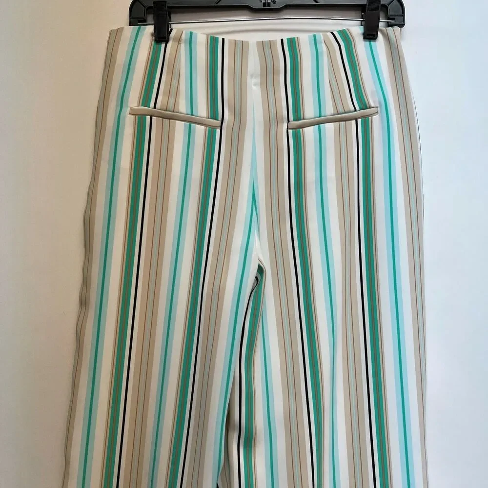 Chico's Black Label Pants Size 0 Regular Small 4 White Green Beige Striped Lined